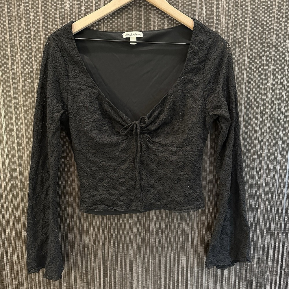 Derek Heart Women Lace Top Size L Black Bell Sleeve Tie‎ Front V-Neck Blouse